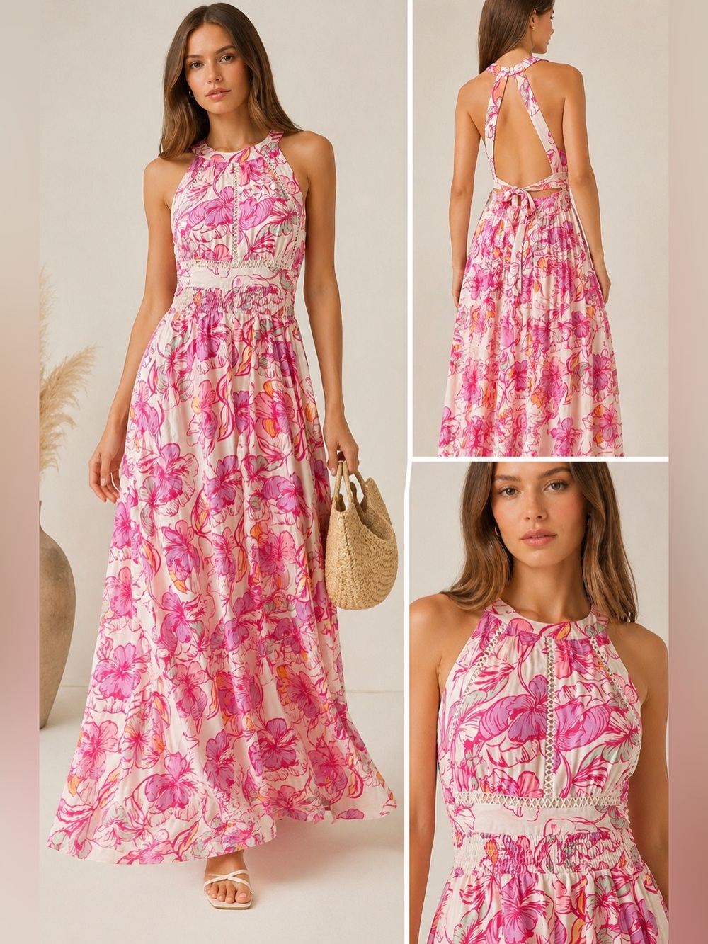 Anthropologie Abel the Label Azalea Maxi Dress Pink Floral Open Back Large - Picture 8 of 8
